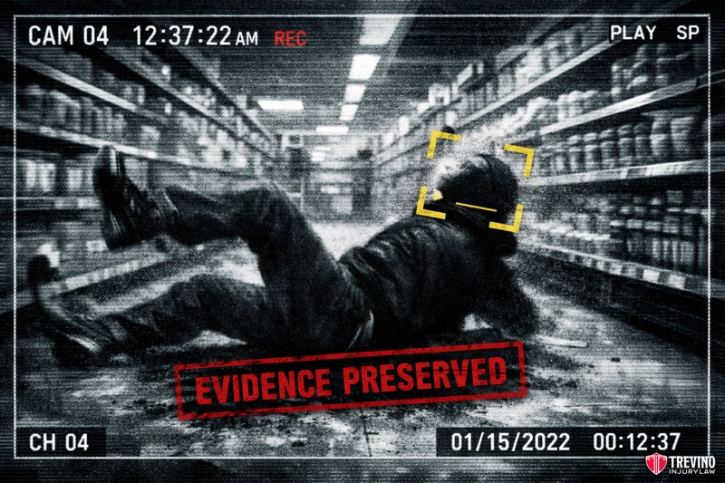 What Proof Is Needed for a Successful Spinal Cord Injury Claim. A black-and-white security camera image shows a person falling or lying on a supermarket aisle floor, surrounded by shelves. The timestamp is 01/15/2022, 12:37:22 AM. A red stamp reads “EVIDENCE PRESERVED.” Yellow brackets highlight the person.