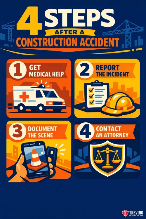 What Should You Do Immediately After a Construction Site Accident in San Antonio? Infographic titled “4 Steps After a Construction Accident.” Steps: 1. Get medical help (ambulance icon), 2. Report the incident (clipboard, hard hat), 3. Document the scene (hand holding smartphone), 4. Contact an attorney (scales of justice).