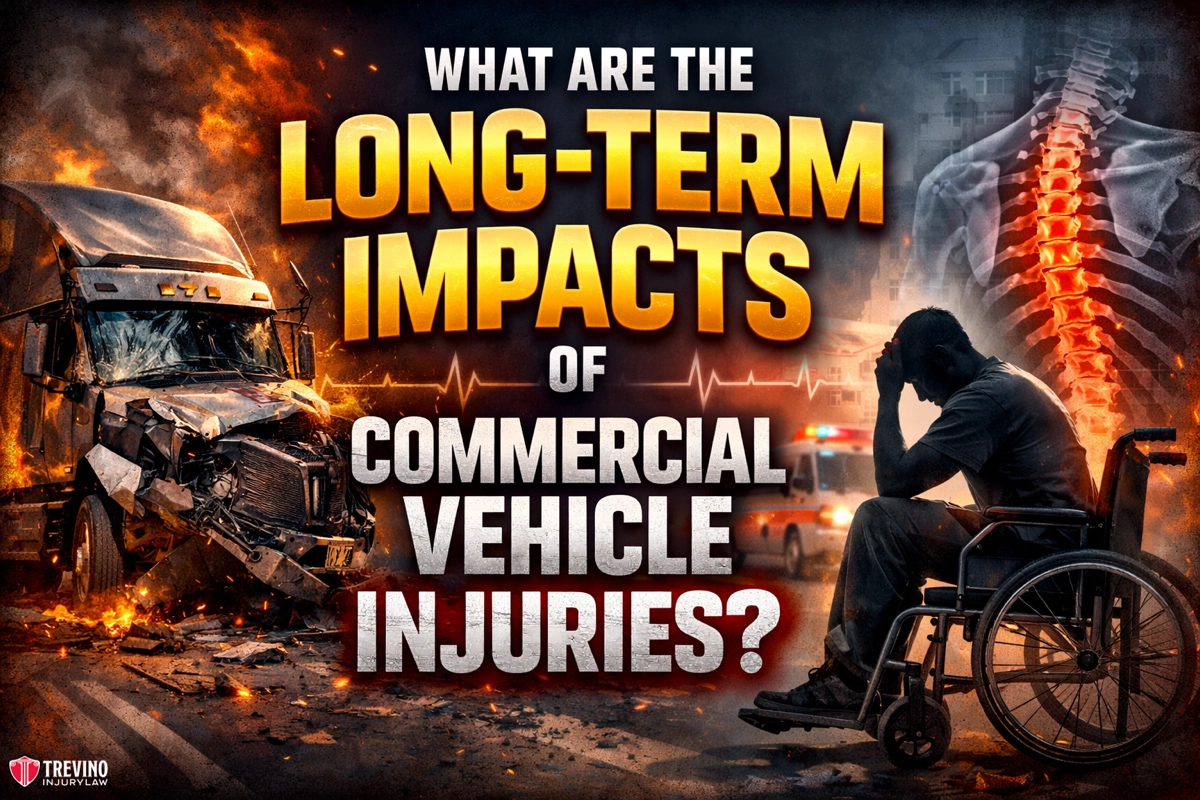 What-are-the-long-term-impacts-of-commercial-vehicle-injuries. A fiery truck crash scene appears on the left, while a person in a wheelchair with their head in their hand sits on the right. In the background is an image of a human spine. Bold text reads: “What are the long-term impacts of commercial vehicle injuries?”.