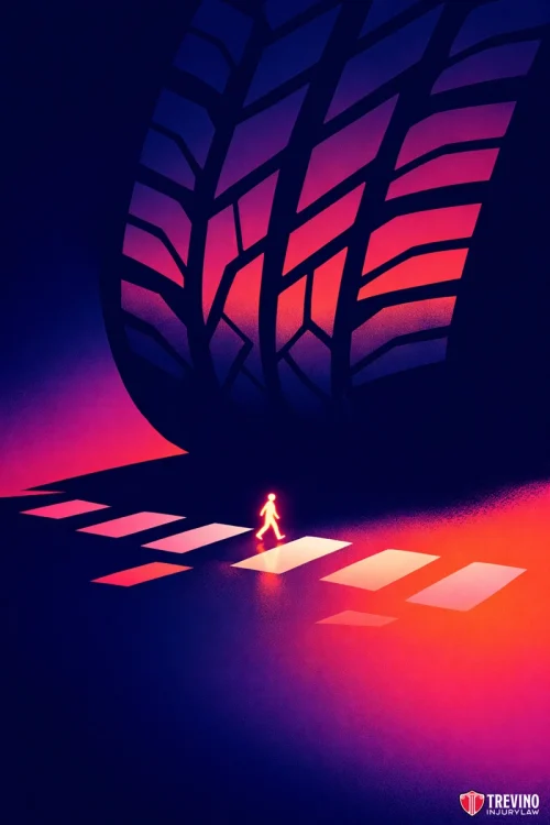 What are the most common injuries from pedestrian accidents? A glowing pedestrian crosses a crosswalk as a massive tire looms above, casting large shadows. The tire’s tread dominates the scene, emphasizing the danger. Colors are vivid red, orange, and purple. The image is marked “Trevino Injury Law” in the lower right corner.