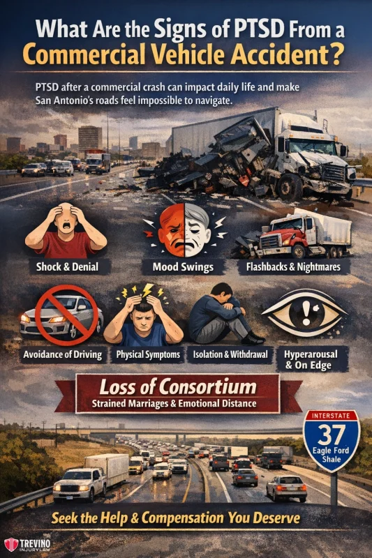 What-are-the-signs-of-PTSD. Infographic showing a highway crash involving trucks, cars, and emergency vehicles. Headline reads, “What Are the Signs of PTSD From a Commercial Vehicle Accident?” with icons for symptoms like shock, mood swings, flashbacks, physical symptoms, and strained relationships.