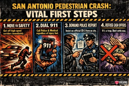 What are the vital first steps immediately after a pedestrian accident in San Antonio? A comic-style infographic titled “San Antonio Pedestrian Crash: Vital First Steps.” Four illustrated boxes advise: 1) Move to safety, 2) Dial 911, 3) Demand police report, 4) Refuse cash offers. Each step has bold text and an action image.