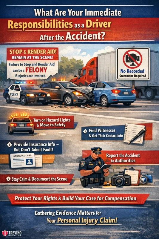 What-are-you-immediate-responsibilities-as-a-driver-after-the-accident. An infographic shows steps to take after a car accident. It depicts a crash scene with police, flashing lights, and damaged cars. Steps include stopping, rendering aid, exchanging info, getting witness details, reporting, documenting, and protecting legal rights.