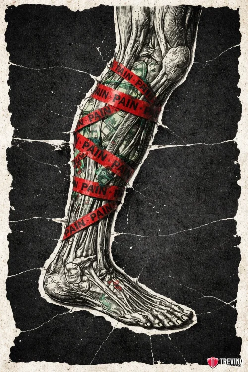 What compensation can I claim after a pedestrian accident in San Antonio? Detailed anatomical illustration of a lower leg and foot with exposed muscles, tendons, and bones. Red tape labeled “PAIN” repeatedly wraps around the shin and calf, emphasizing discomfort or injury. The background is textured black with distressed edges.