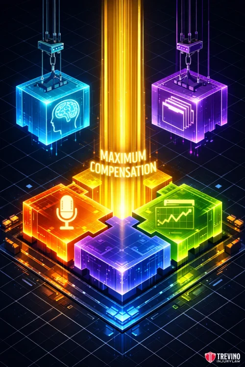What evidence is needed for pain and suffering claims? Four neon puzzle pieces, each with an icon (brain, files, microphone, graph), connect at the center. A golden beam labeled "MAXIMUM COMPENSATION" shines upward from the center. The Trevino Injury Law logo is at the bottom right.