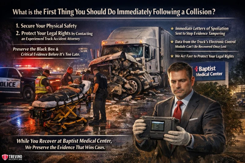 What-fis-the-first-thing-you-should-do-immediately-following-a-collision. A night scene shows police, firefighters, and paramedics attending an accident where a car is crushed by a large truck. A man in a suit holds a tablet in the foreground. Text gives legal advice for actions to take after a collision, with tips and contact info.