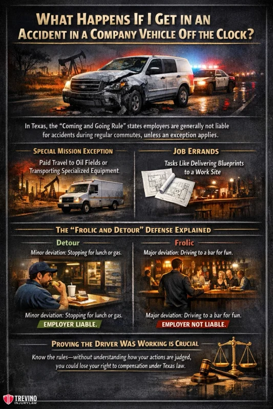 What-happens-if-I-get-in-an-accident-in-a-company-vehicle-off-the-clock. A company truck with hazard lights is stopped in the rain at night, an ambulance and two responders nearby. The infographic explains employer liability for off-the-clock work vehicle accidents in Texas using text boxes, photos, and legal examples.
