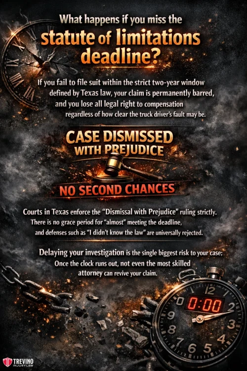 A dramatic infographic with a cracked clock at 0:00, a judge’s gavel, and burning embers. Bold text warns missing the Texas two-year statute of limitations deadline results in case dismissal "with prejudice," meaning no second chances to file or revive the claim.
