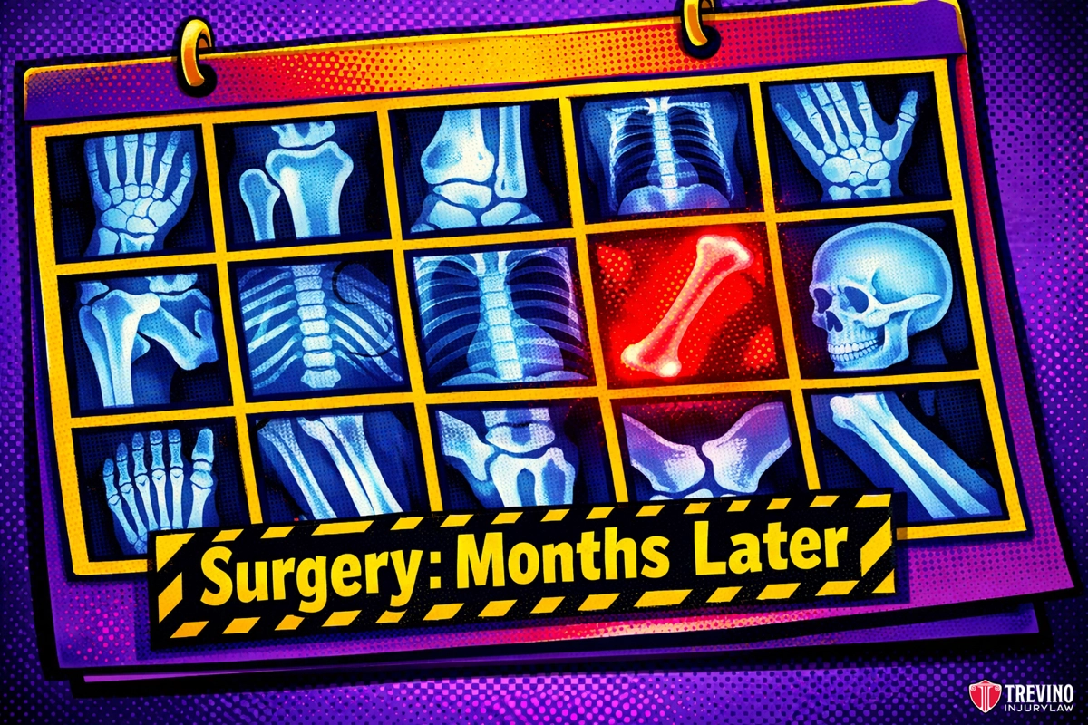 What-happens-if-you-need-surgery-months-after-the-fall? A comic-style calendar displays twelve X-ray images of bones and joints. One image shows a glowing red broken bone. At the bottom, yellow-black tape reads “Surgery: Months Later.” Background is purple with dotted patterns.