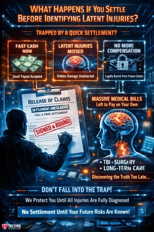 What-happens-if-you-settle-before-identifying-latent-injuries. Infographic showing risks of settling injury claims early: money, hidden injuries, no future claims, medical bills, traumatic brain injury, surgery, long-term care, and a warning—don’t settle until all injuries are diagnosed. Blue and orange tones, with dramatic visuals.