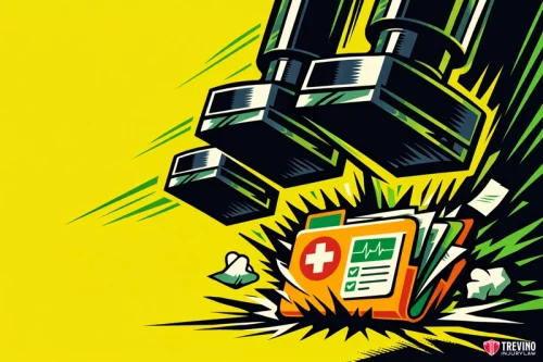 What happens to your claim if you delay seeking medical care? Three large mechanical legs stomp down onto a medical folder with a red cross, scattering papers and tissues. The background is bright yellow with dynamic black and green lines, emphasizing impact and urgency. The Trevino Injury Law logo is in the bottom right corner.