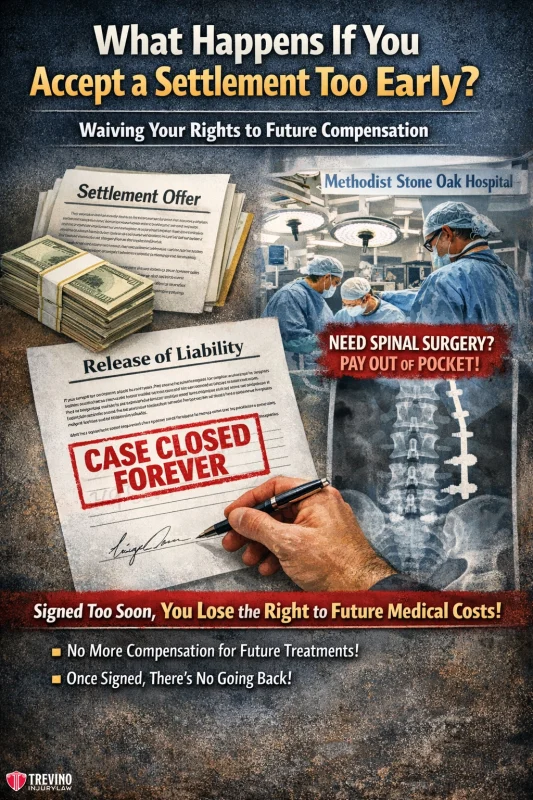 What-happnes-if-you-accept-a-settlement-too-early. An infographic warns about accepting injury settlements too early. It shows stacks of documents, an X-ray of a spine, surgeons operating, and large red text: “CASE CLOSED FOREVER.” Key points highlight lost rights to future compensation and medical costs.