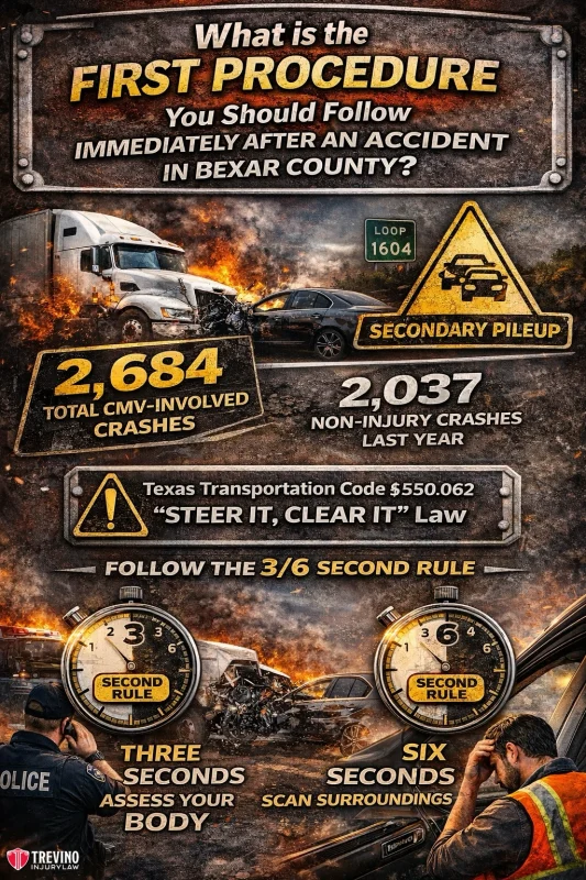 What-is-the-first-procedure-you-should-follow-immediately-after-an-accident-in-bexar-countyInfographic about Bexar County accident procedures: A truck crash, caution signs, and stats—2,684 commercial vehicle crashes, 2,037 non-injury crashes. Shows “Steer It, Clear It” law, advocating the 3/6 second rule for observing surroundings and scanning traffic.