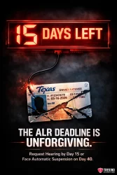 What-is-the-texas-DPS-ALR-15-day-deadline. A cracked Texas driver’s license hangs from frayed wires under a glowing sign reading “15 DAYS LEFT.” Bold text below says, “The ALR Deadline Is Unforgiving. Request Hearing by Day 15 or Face Automatic Suspension on Day 40.” Trevino Law logo in corner.