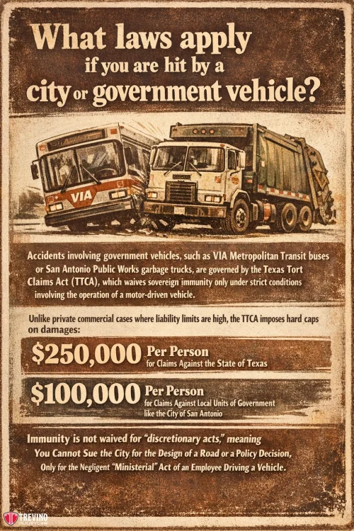 A vintage-style poster with distressed edges shows an illustration of a city bus and a garbage truck colliding. It explains laws for accidents involving government vehicles, damage caps, claim amounts, and lists immunity details for city and state claims.