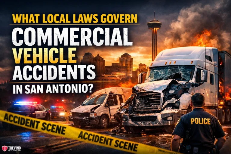 What-local-guides-govern-commercial-vehicle-accidents. A dramatic scene shows a major crash between a semi-truck and a van, surrounded by police and emergency vehicles with flashing lights. "What local laws govern commercial vehicle accidents in San Antonio?" is in bold text, with yellow police tape reading "ACCIDENT SCENE.