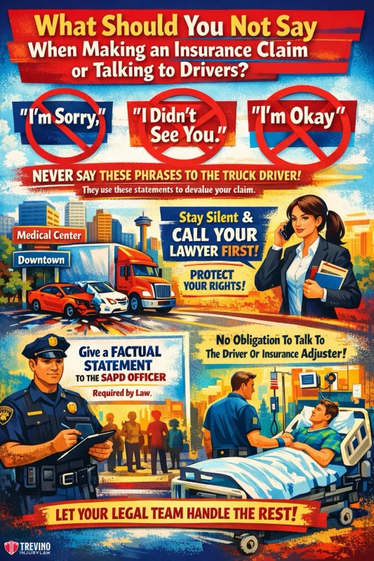 What-should-you-not-say-when-making-an-insurance-claim. A colorful infographic advises not to say "I'm Sorry," "I Didn't See You," or "I'm Okay" after an accident. It shows icons of a lawyer, police, ambulance, and crash, urging to stay silent, call a lawyer, and give only a factual statement to police.