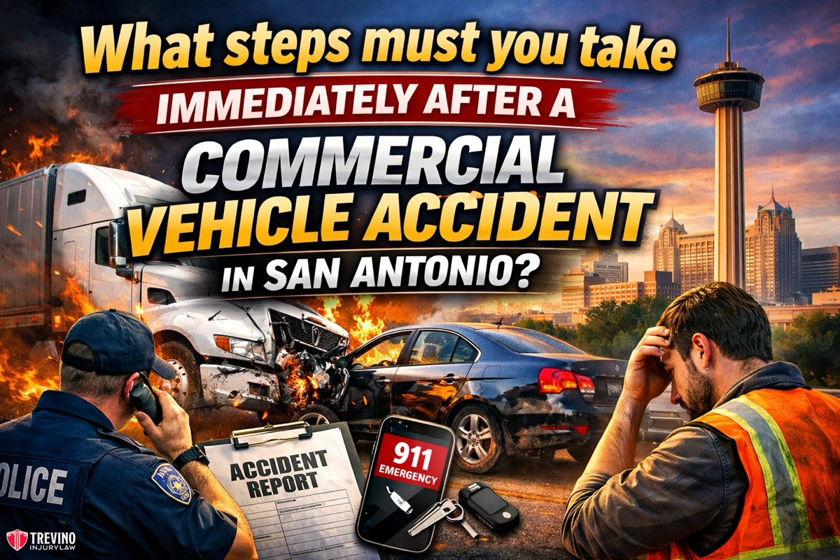 What-steps-must-you-take-immediately-after-a-commercial-vehicle-accident-in-san-antonio. A police officer and a distressed man are at the scene of a collision between a truck and a car, with flames visible. Overlay text asks, "What steps must you take immediately after a commercial vehicle accident in San Antonio?" Police items and the city skyline appear.