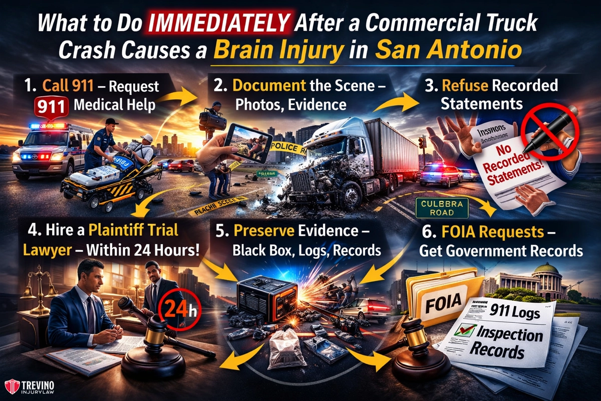 What-to-do-immeditely-after-a-commercial-truck-crash-causes-a-brain-injury. Infographic on steps after a truck crash causing a brain injury: call 911, document the scene, refuse recorded statements, hire a lawyer fast, preserve evidence (black box, logs), and request FOIA records. Visuals include police, ambulance, damaged truck, and legal icons.