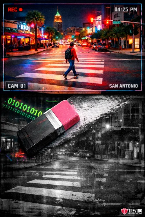 When Should You Contact a San Antonio Pedestrian Accident Lawyer? A person crosses a brightly lit San Antonio street at night, seen through a camera viewfinder. Below, a large eraser wipes away the colorful scene, leaving a faded, black-and-white, binary-coded version of the street. "Trevino Photography" logo appears in the corner.