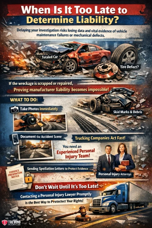 When-is-it-too-late-to-determine-liability. Infographic with a wrecked car and semi truck, listing steps to determine liability after an accident: take photos, document scene, contact an attorney, and act fast. Images of accident scenes, lawyers, and evidence reinforce the importance of quick action and legal help.