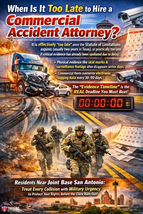 When-is-it-too-late-to-hire-a-commercial-accident-attorney.A dramatic legal ad shows soldiers, a crashed truck, a countdown timer at 00:00, law books, and a calendar. Bold text warns about the deadline to hire a commercial accident attorney after collisions near Joint Base San Antonio.