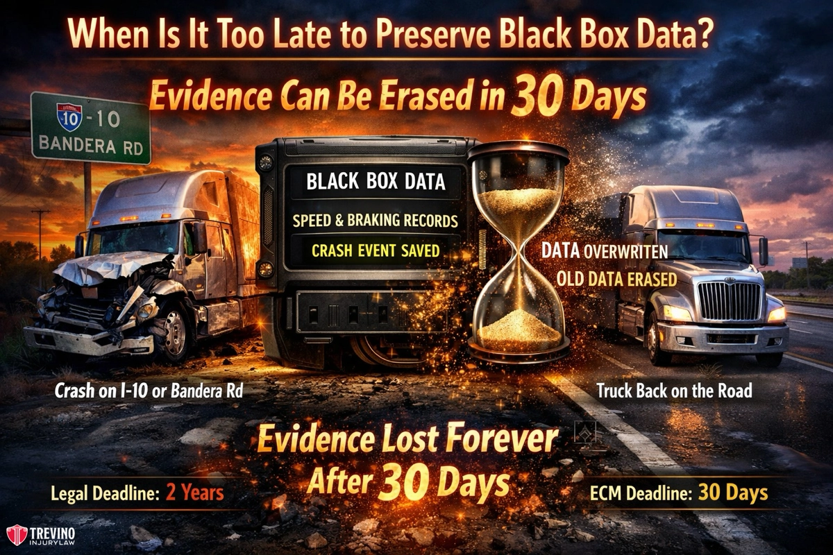 When-is-it-too-late-to-preserve-black-box-data. A dramatic scene shows a car crash between a car and a truck on I-10, with emergency lights flashing. In the center, an hourglass and a black box diagram highlight that crash data is erased in 30 days. Deadlines and warnings appear in bold text.