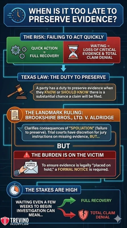 An infographic titled “When is it Too Late to Preserve Evidence?” explains risks of delaying action, legal duties, landmark rulings, the burden on victims, and high stakes in investigations, using text blocks, arrows, and icons for clarification.