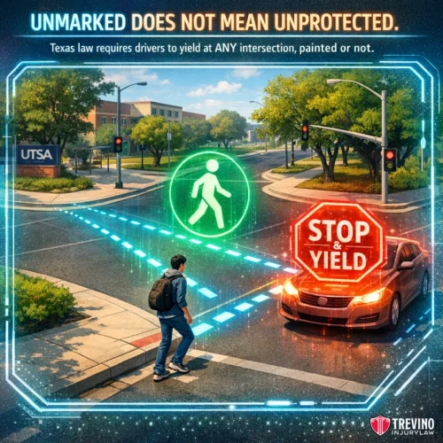 Who Has the Right of Way at a Texas Crosswalk? A pedestrian crosses at an unmarked intersection while a car stops and yields. A glowing green pedestrian signal and a red "STOP & YIELD" sign emphasize safety. Text above explains Texas law requiring drivers to yield at any intersection, marked or unmarked.