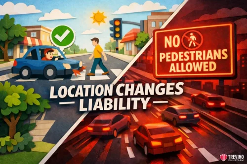 Who Is Liable If a Pedestrian Is Hit Crossing Mid Block in Texas? A split image compares a sunny, safe crosswalk with a green check mark to a busy road at night with a red “No Pedestrians Allowed” sign. Text reads “Location Changes Liability.” Cars and pedestrians are shown in both settings.