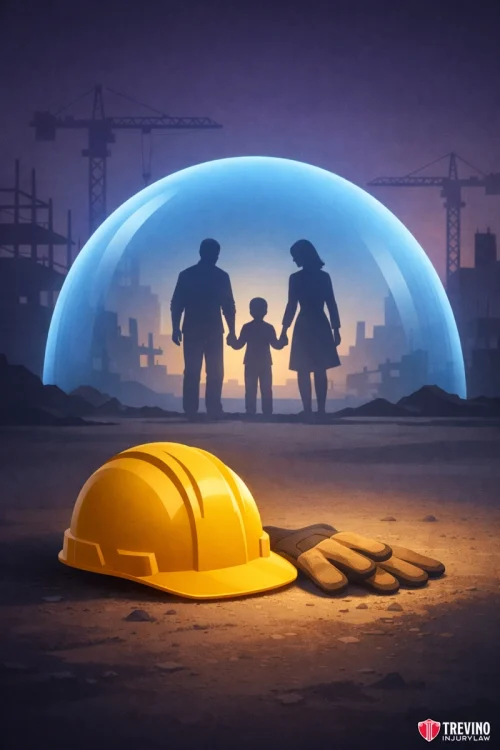 Who Is Liable for Catastrophic and Fatal Construction Accidents in San Antonio? A yellow hard hat and work gloves lie on the ground, with the silhouette of a family holding hands protected by a glowing blue dome. Construction cranes and unfinished buildings appear in the misty background. The Trevino Injury Law logo is in the corner.
