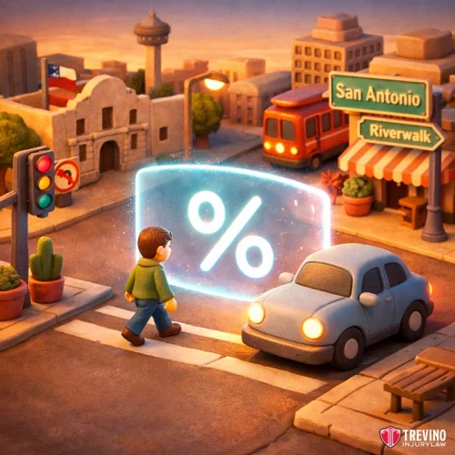 Who Is at Fault If a Pedestrian Is Hit Outside a Crosswalk in San Antonio? A cartoon man crosses a city street near a car, with a glowing percent sign between them. The scene features San Antonio landmarks, a traffic light, a cactus, a bus, and street signs for “San Antonio” and “Riverwalk.” The Trevino Injury Law logo is in the corner.