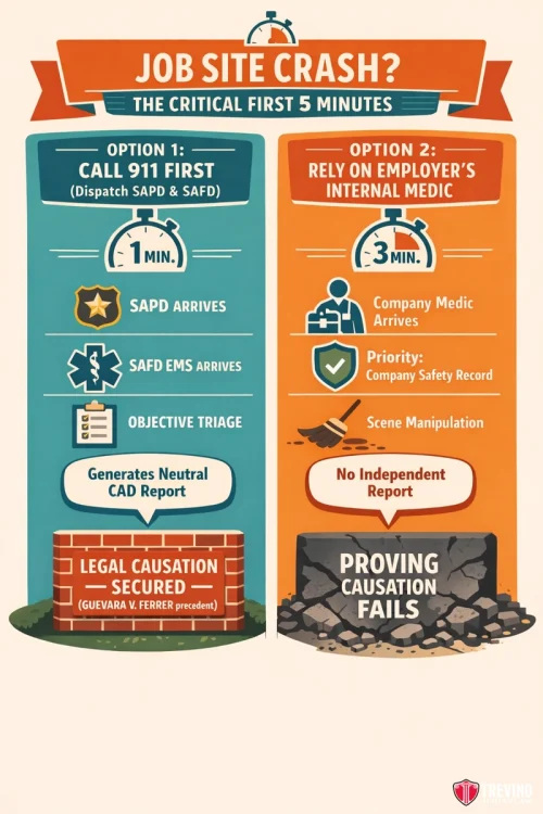 Who Should You Call First After a Job Site Crash in San Antonio? Infographic comparing two job site crash response options: calling 911 vs. relying on an internal medic. The left side highlights faster emergency response and legal security; the right shows internal delays, safety risks, and failed causation proof. Colors: teal, orange, gray.