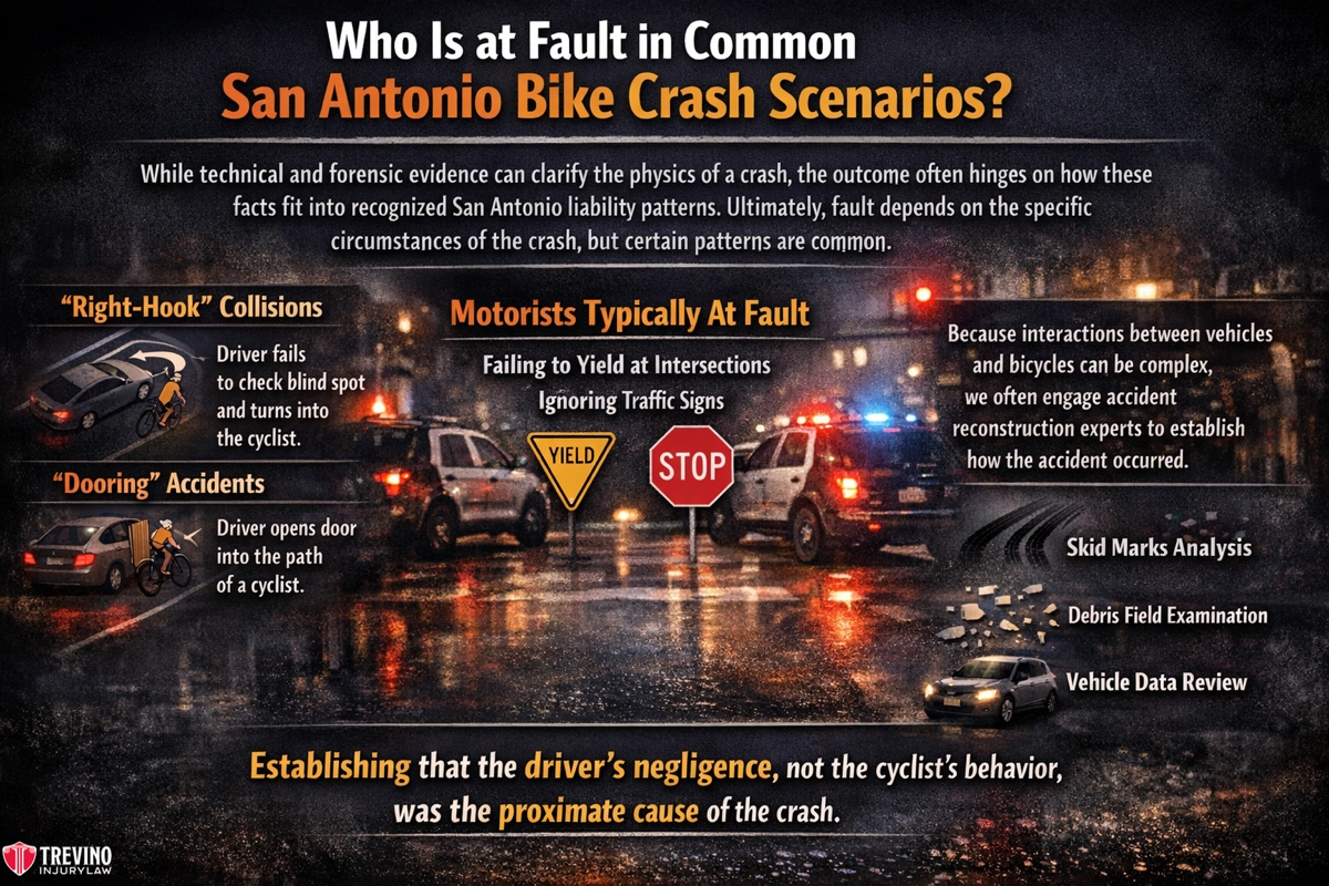 A nighttime street scene with police cars, flashing lights, and reflections on wet pavement. Text explains common San Antonio bike crash scenarios, highlighting "right-hook" collisions, "dooring" accidents, and generalized driver negligence as proximate causes.