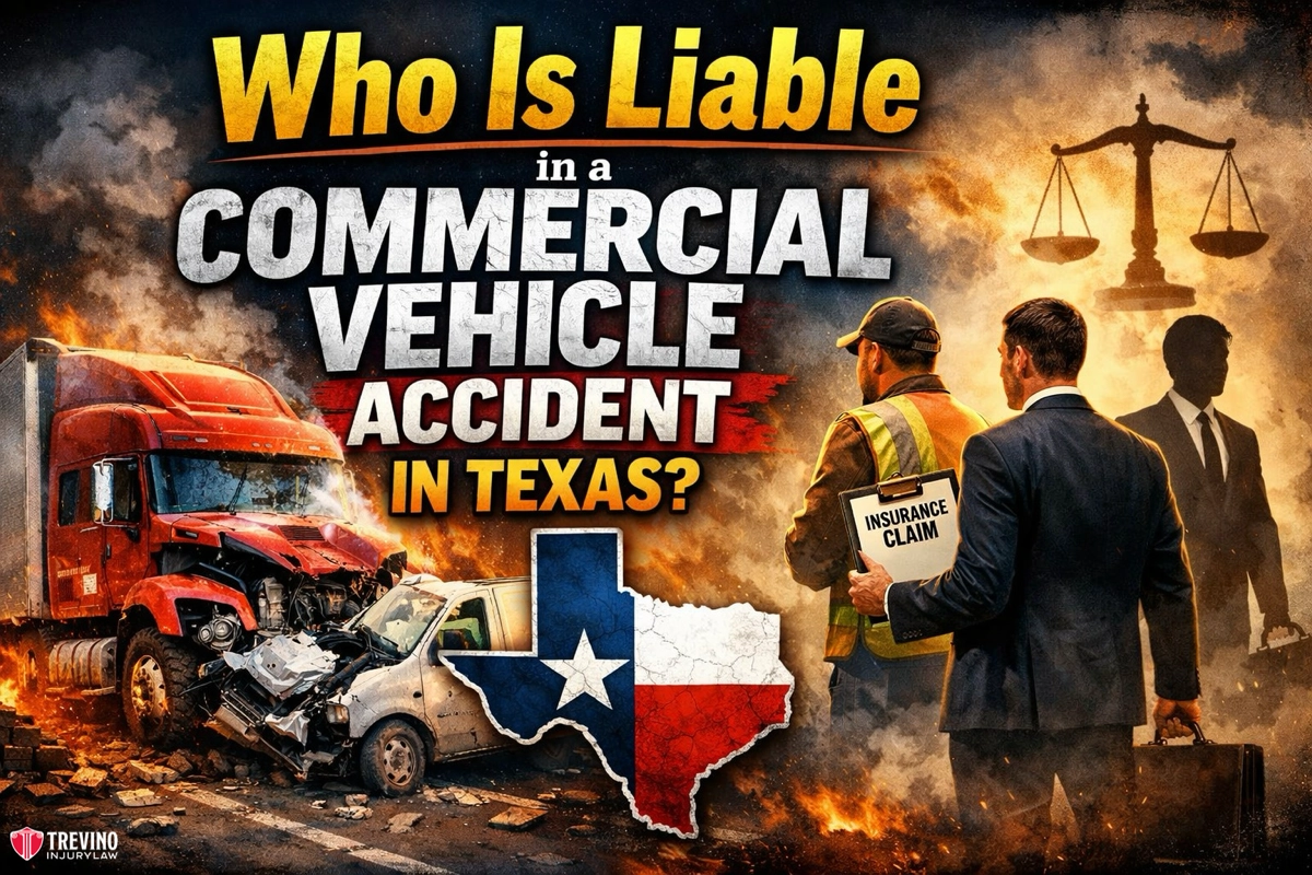Who-is-liable-in-a-commercial-vehicle-accident-in-texas. A dramatic scene shows a red semi-truck and a white car after a crash, with flames and smoke. Text asks, “Who Is Liable in a Commercial Vehicle Accident in Texas?” Two men, one in a vest and another in a suit holding an "Insurance Claim," stand nearby. Texas map and scales of justice appear.