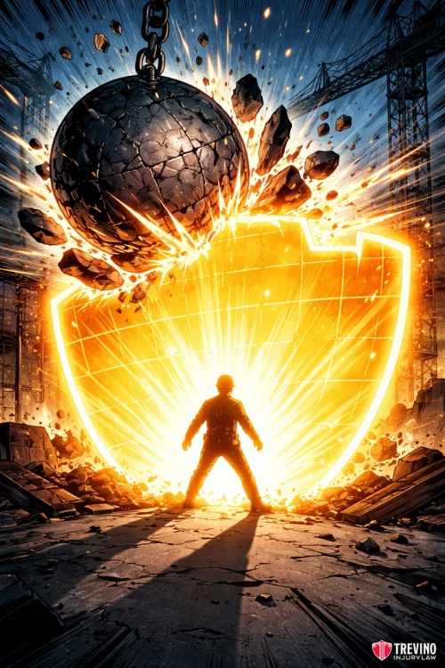 Why Do You Need a Trial Lawyer Immediately After a Construction Accident? A person stands confidently behind a glowing, semi-transparent shield as a massive wrecking ball shatters against it, sending debris flying. Bright light radiates from the shield. Construction cranes and rubble are visible in the dramatic urban background.