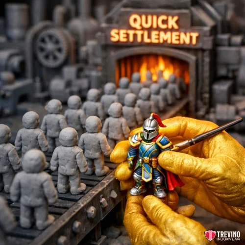 Why Hire a Trial Lawyer Instead of a High Volume Settlement Firm? A detailed factory scene shows gray clay figures on a conveyor belt approaching a furnace labeled "QUICK SETTLEMENT." Golden hands lift a colorful knight figure from the line. The logo "Trevino Injury Law" is in the bottom right corner.
