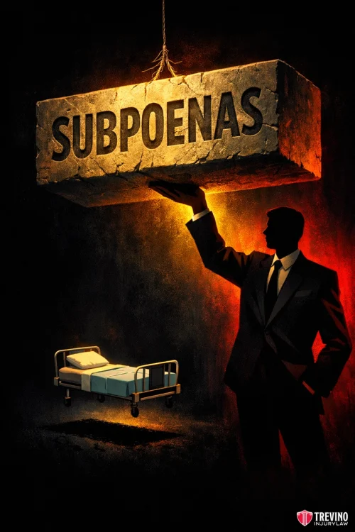 Why Is Early Attorney Intervention Required to Preserve Pedestrian Accident Evidence? A silhouetted man in a suit holds up a giant stone block labeled "SUBPOENAS," suspended by a rope above an empty hospital bed. The dramatic lighting creates a tense, foreboding atmosphere. The image is branded with the Trevino Injury Law logo in the corner.