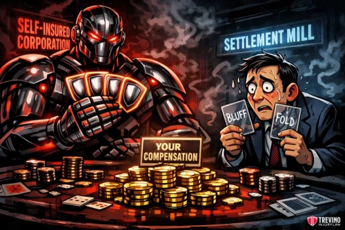 Why Settlement Mills Cannot Win Against H-E-B or Walmart? A menacing robot labeled “Self-Insured Corporation” plays cards against a nervous man labeled “Settlement Mill.” Stacks of coins surround a sign reading “Your Compensation.” The man holds “Bluff” and “Fold” cards, highlighting an unfair game.