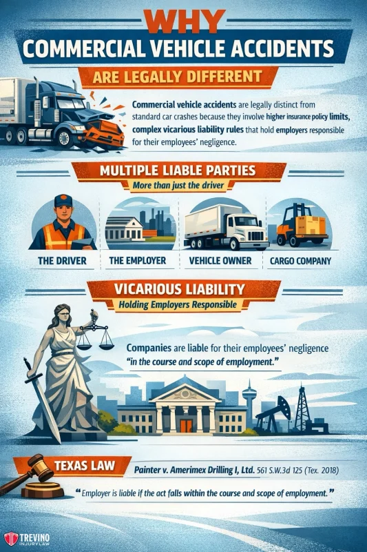 Why-commercial-vehicle-accidents-are-legally-differents-. Infographic illustrating why commercial vehicle accidents differ legally. It shows a truck, highlights multiple liable parties (driver, employer, vehicle owner, cargo company), explains vicarious liability, and cites Texas law with legal icons like Lady Justice and legal text.