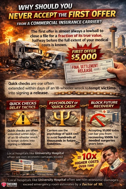 Why-should-you-never-accept-the-first-offerAn infographic warns against accepting the first offer from a commercial insurance carrier after an 18-wheeler wreck. It shows a truck crash, lowball offer, broken piggy bank, and text describing quick checks, delay tactics, and future cost risks.