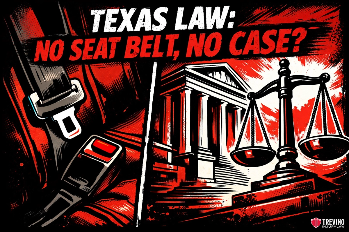 Can you sue if you werent wearing a seat belt inTexas? Illustration with bold text: “TEXAS LAW: NO SEAT BELT, NO CASE?” On the left, a car seat belt and buckle. On the right, a courthouse and large scales of justice. The image uses dramatic red, black, and white colors. Trevino Injury Law logo in the corner.