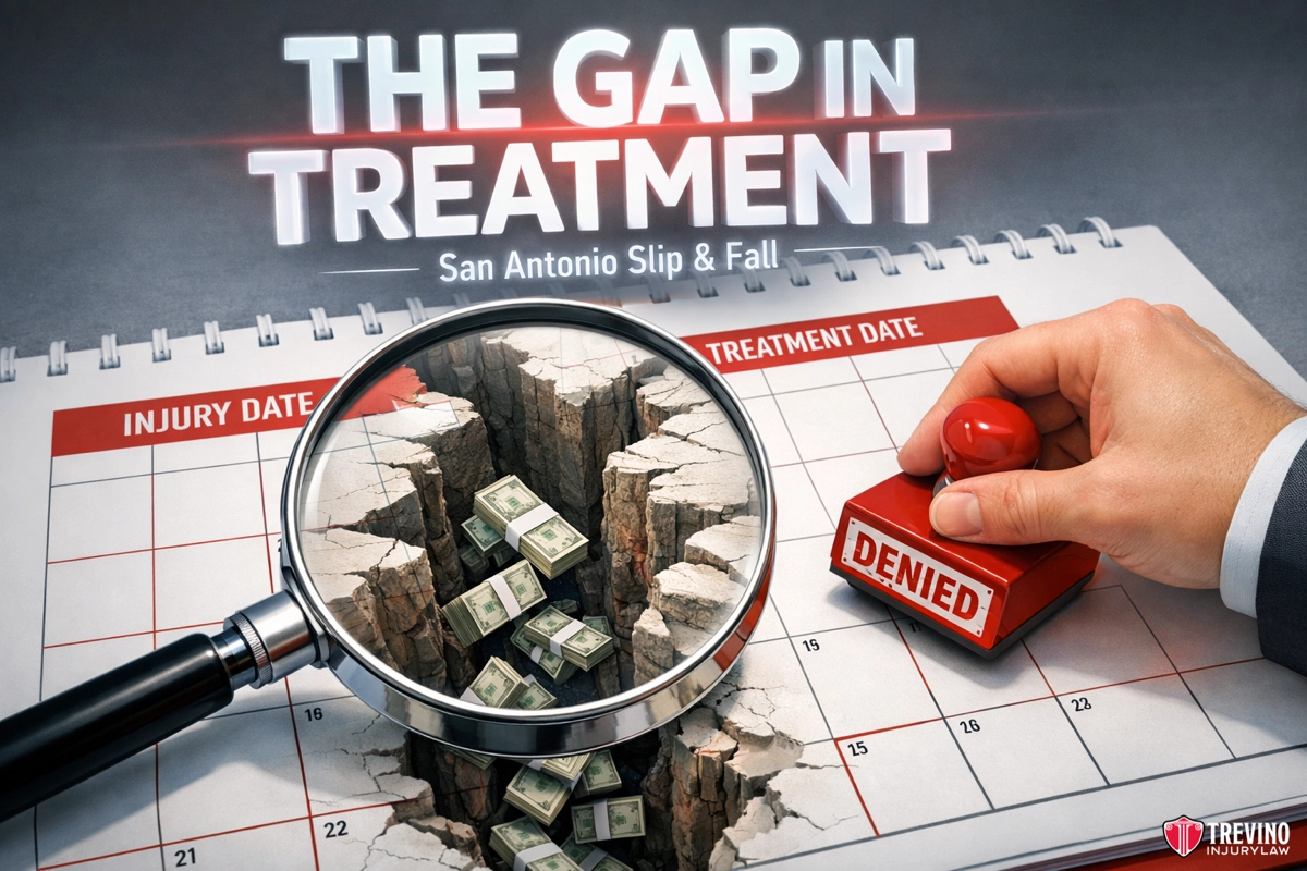 Gap in treatment slip and fall claim San Antonio. A calendar marked with “Injury Date” and “Treatment Date” sections shows a deep gap between dates, filled with cash under a magnifying glass. A hand stamps “DENIED.” Bold text reads, "The Gap in Treatment.” Trevino Injury Law logo appears in the corner.