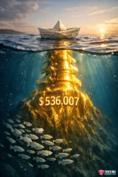 how-long-does-a-high-value-dwi-settlement-take. A paper boat made from a medical bill floats above golden vertebrae submerged underwater, with sunlight streaming down. The vertebrae, resembling a mountain, display "$536,007." School of fish swim nearby; a "Trevino Injury Law" logo appears bottom right.
