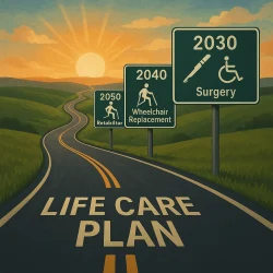 Life care plan. Illustration of a winding road labeled “LIFE CARE PLAN” leading into green hills at sunrise. Road signs mark years: “2030 Surgery,” “2040 Wheelchair Replacement,” and “2050 Retabiltar,” each with corresponding medical and accessibility icons.