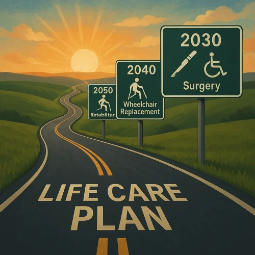 Life care plan. Illustration of a winding road labeled “LIFE CARE PLAN” leading into green hills at sunrise. Road signs mark years: “2030 Surgery,” “2040 Wheelchair Replacement,” and “2050 Retabiltar,” each with corresponding medical and accessibility icons.