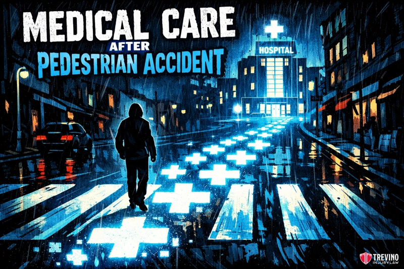 Medical care after pedestrian accident. A person in a hoodie walks on a crosswalk at night toward a brightly lit hospital. Large glowing white medical crosses fill the crosswalk. The text reads: "Medical Care After Pedestrian Accident." The scene is rainy, urban, and stylized.