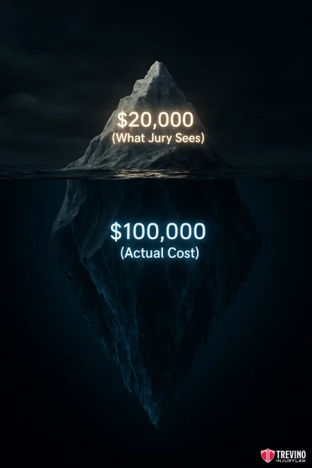 The invisible cap. A large iceberg floats in dark water. Above the surface, small text reads "$20,000 (What Jury Sees)". Below, much larger text reads "$100,000 (Actual Cost)". Justice and legal rights are at stake. Trevino Injury Law’s logo is at the bottom right corner.