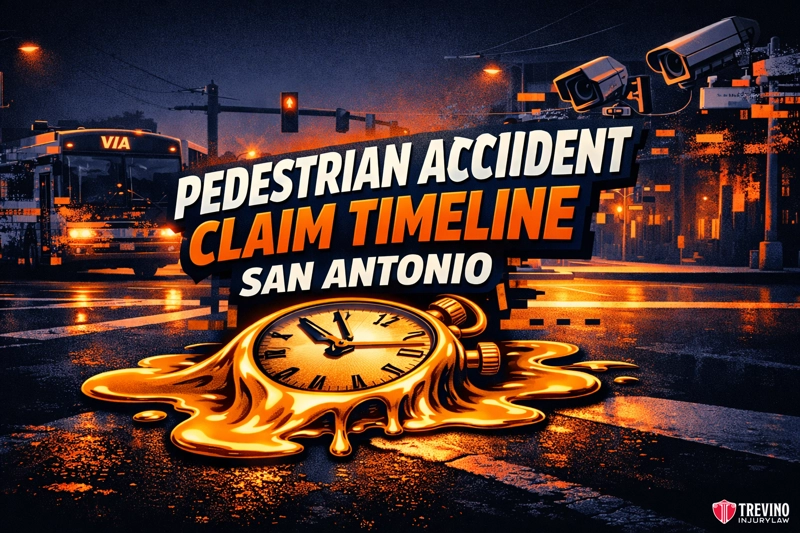 Pedestrian accident claim timeline san antonio. An illustrated street scene at night shows a crosswalk with a bus, traffic lights, and security cameras. A melting clock appears in the foreground. Bold text reads: "Pedestrian Accident Claim Timeline San Antonio." Trevino Injury Law logo appears in the corner.