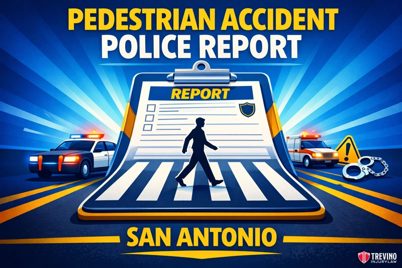 Pedestrian accident police report. Illustration of a police report clipboard with a pedestrian silhouette on a crosswalk. Surrounding are police cars, yellow warning signs, handcuffs, and a badge. Bold text reads “Pedestrian Accident Police Report San Antonio.” Trevino Injury Law logo at bottom right.
